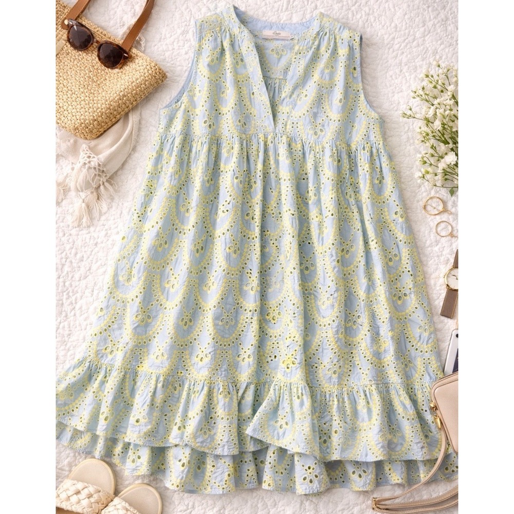 Anthropologie Devotion Twins Amorgos Dress S Blue Lime Embroidered Cotton Luxury